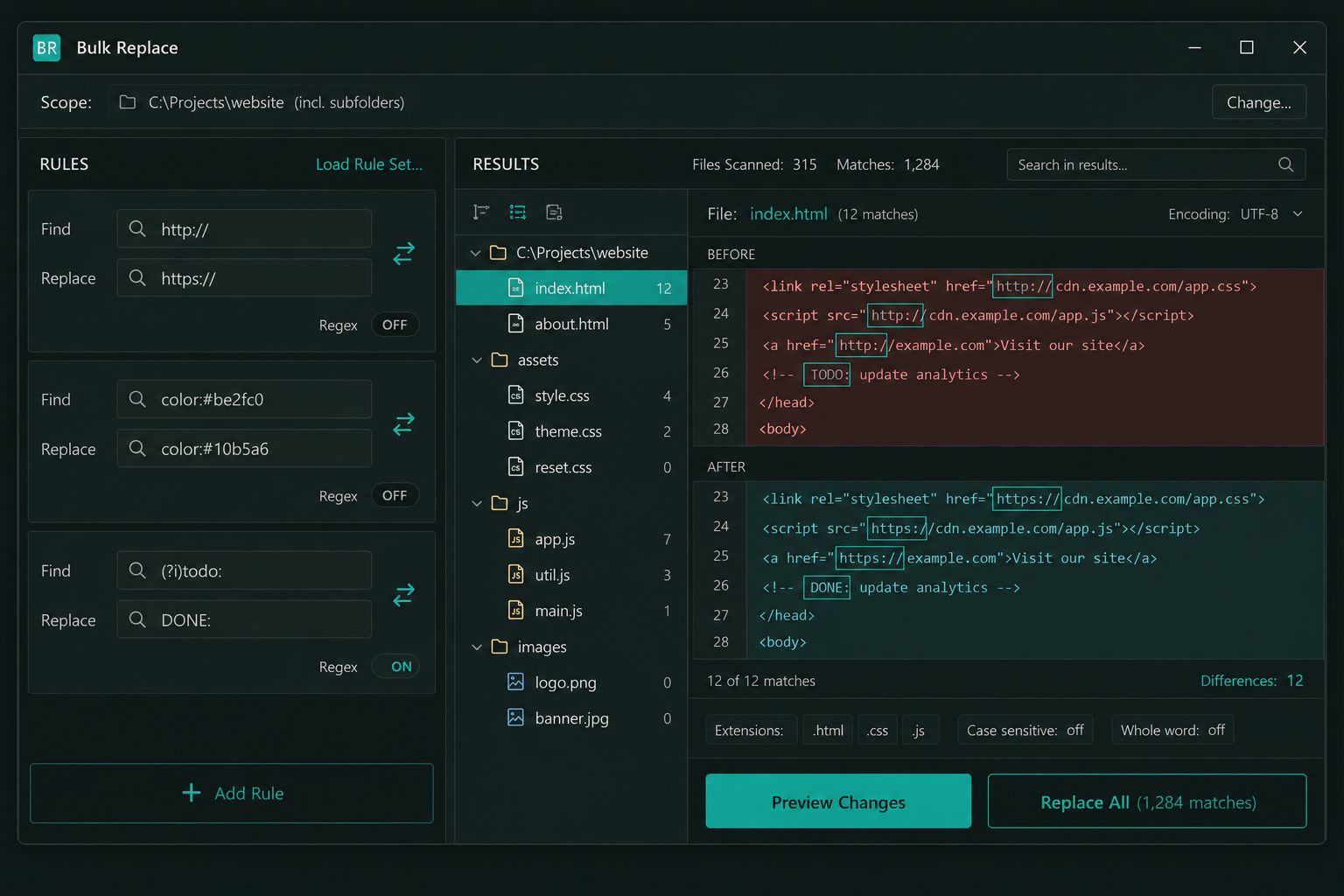 Bulk Replace software showing a list of find and replace rules on the left and a file tree with match counts plus a before-and-after diff preview on the right, with Preview Changes and Replace All buttons